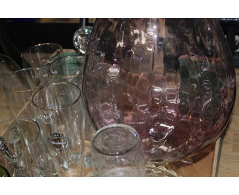 A box of glassware including carafe and glass, large amethyst glass goblet, etc 