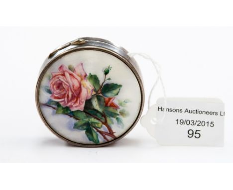 Silver and enamel box, the lid decorated with spray of roses, Birmingham 1929