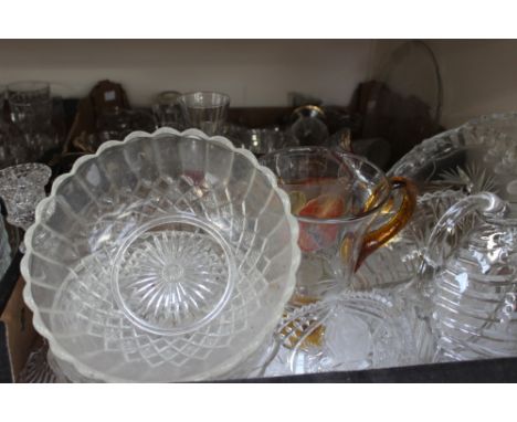 Three boxes of assorted glassware, including cut glass trinket dishes, vases, trays, jugs, pots, an opaque glass vase, candle