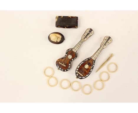 A miniature tortoiseshell veneered Mandolin and Guitar; together with tortoiseshell snuff box and Ivory Buddha figure, etc 