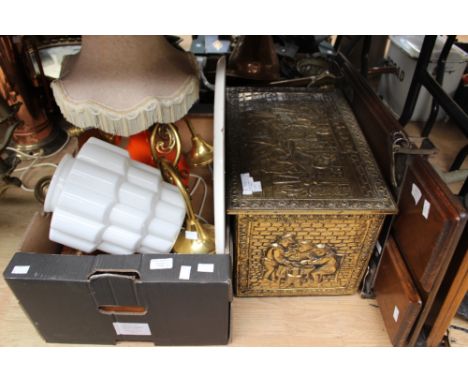 A box of metalwares, light fittings, shades, circular mirror, wooden boxes and a brass slipper box and a wooden transfer pres