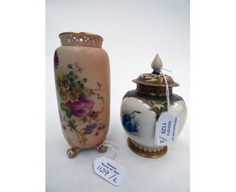 A Royal Worcester vase and cover, painted with fruits, signed Ricketts (finial re glued) and another Worcester vase, painted 