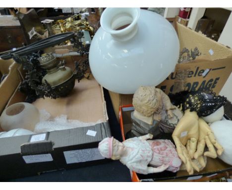 A Bretby jardiniere (af) continental tennis figure, oil lamps (2 boxes and planter)  