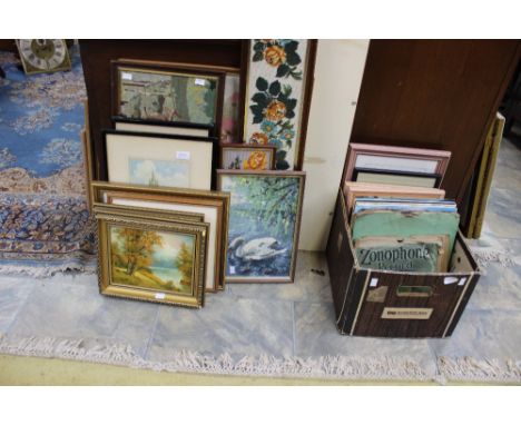 Two boxes of prints, tapestry pictures and old 78s etc (2)
