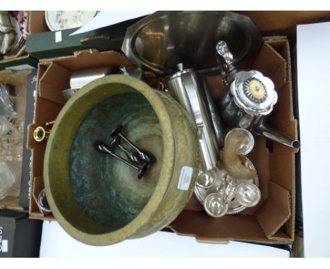A box containing a collection of assorted metalware, including four piece silver plated tea and coffee service, flatware, pew