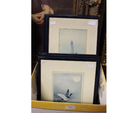 Five Chinese prints, two depicting birds on branches, another depicting geese in flight, one depicting wading Heron on a bran