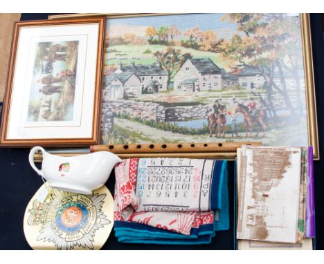Tea cards, Bamboo penny whistle, Ilkeston memorabilia, 1948 Cricket Annual, Bisto Gravy jug, framed tapestry (two mounted hor