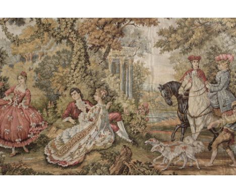 A 20th Century machine woven tapestry of an Eighteenth Century scene, figures in a landscape, on a wrought iron hanger