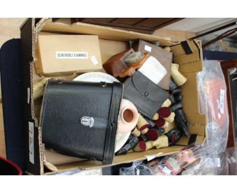 A box of club double six dominoes, chess men, cased binoculars, 1950s brush set, 1905 doctors medical diary, Poole and Royal 