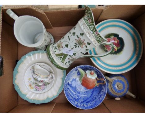 A Clematis Moorcroft pin dish, green background, Wedgwood teapot, Clive jugs circa 1920s/30s Copeland Spode etc