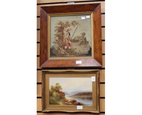A Victorian tapestry of a fisherman, mounted in a square walnut and gilt frame, 30 cm by 29 cm approx; together with G. Jenni