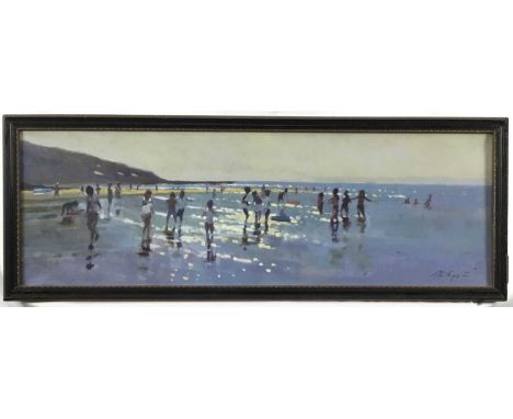 Peter Z. Phillips, oil on canvas, Children playing at the beach in the sunshine, signed and dated '22, 20 x 60cm, in Hogarth 
