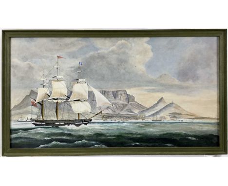 19th century style oil on panel - shipping off the South African coast with Table Mountain beyond, 34cm x 65cm, framed