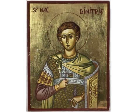 A Greek icon of Dimitrie, oil on panel, 32 x 24cm.