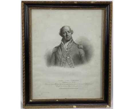 Early 19th century stipple engraving, portrait of James, Lord Gambier, Admiral of the Blue, published 1810, in glazed gilt an