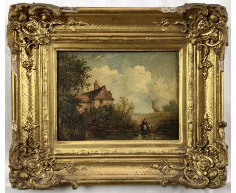 East Anglian School oil on panel - figure near a cottage with a windmill, 15cm x 20cm, in gilt frame
