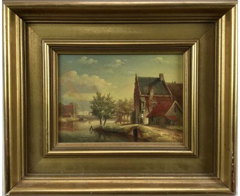 Ronald Meilof (1953-2016) oil on panel, Dutch canal scene, signed, 12 x 16cm, framed