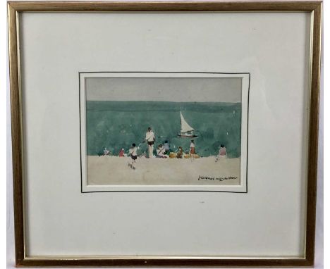 Norman Wilkinson (1878-1971) watercolour - beach scene, signed, 12.5cm x 18cm in glazed gilt frame