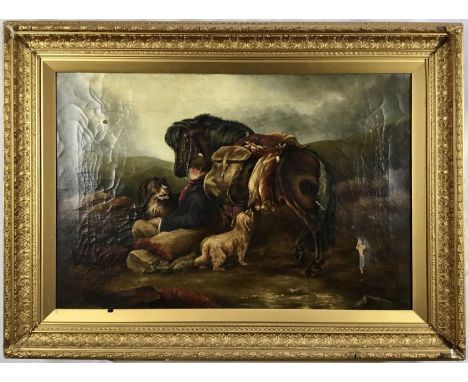 19th century oil on canvas - Scottish sporting scene, signed Dixon 1891, 50cm x 75cm in gilt frameRequires restoration. A num