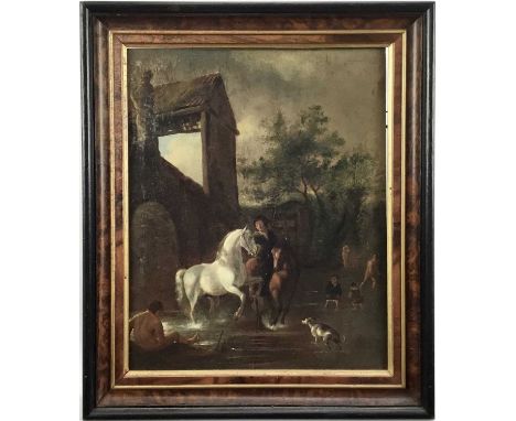 17th century Continental school, oil on panel, figures and animals at a watering hole, 34 x 27cm, framed