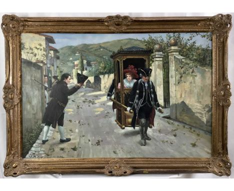 L K Smedley oil on canvas - A gentleman doffing his hat to a figure in a sedan chair, 60cm x 90cm, in gilt frame