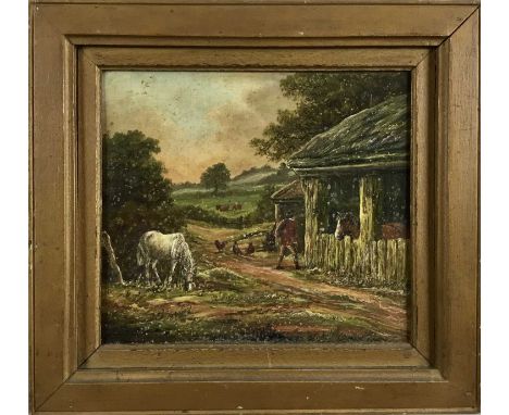 19th century oil on panel of horses in a barn, 22cm x 25cm, framed