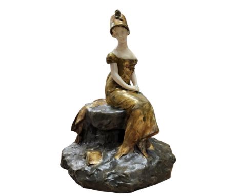 George van der Straeten (1856-1941), bronze and ivory, picked out in gilt,&nbsp; of a lady, wearing a bonnet and off the shou