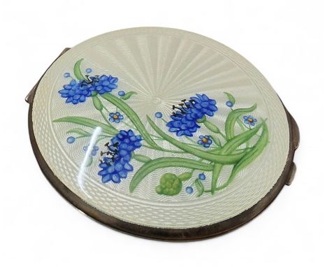 A silver and guilloche enamel compact, the hinged cover hand painted with blue cornflowers and forget-me-nots on a white grou