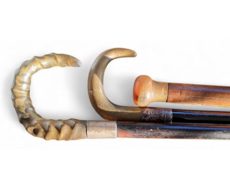 An early 20th century walking stick, silver ferrule, horn handle, ebonised shaft, 89cm long; others (3)