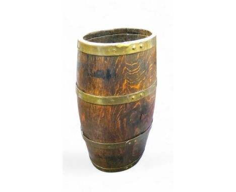 A metal bound coopered oak barrel stick stand, 60cm x 30cm x 22cm