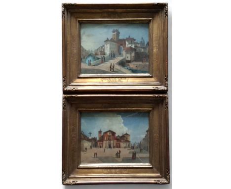 Van Heft, 20th century, a pair, Continental Market Square and City Gate, signed, 17cm x 23cm
