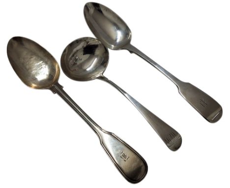 A George III silver Old English pattern sauce ladle, monogrammed WOB, Thomas Wallis II, London, 1807, 49.1g; a Victorian silv