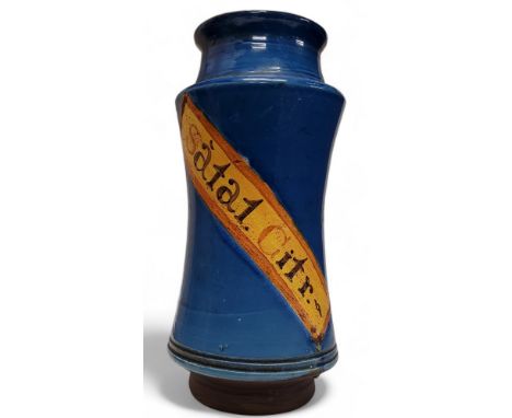 A Continental faience albarello / apothecary dry drug jar marked 'Sãtal.Citr.', marked Leong to base, 25.5cm high