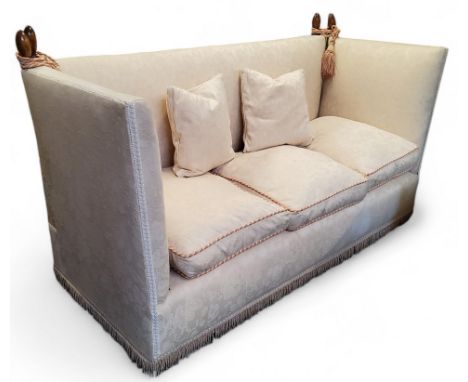 A Victorian style Knowle sofa, upholstered in cream damask, castors, 104cm x 197cm x 82cm