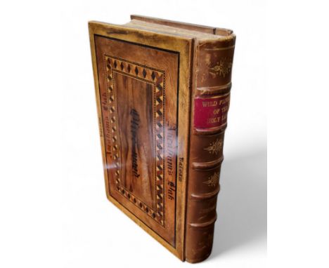 A 19th century souvenir album titled 'Wild Flowers of The Holy Land' Jerusalem, specimen wood marquetry binding including Abr