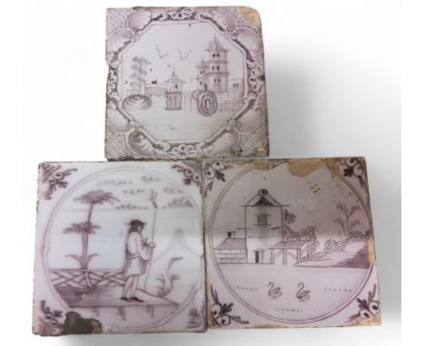 Tiles - an 18th century Delft tile, painted in manganese with figure on a jetty, 12.5cm square, c.1750; others (3)