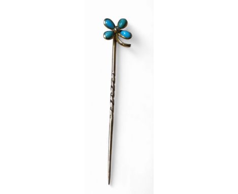 A Victorian gold stick pin, turquoise flower terminal, set with a diamond, 6.5cm long, cased