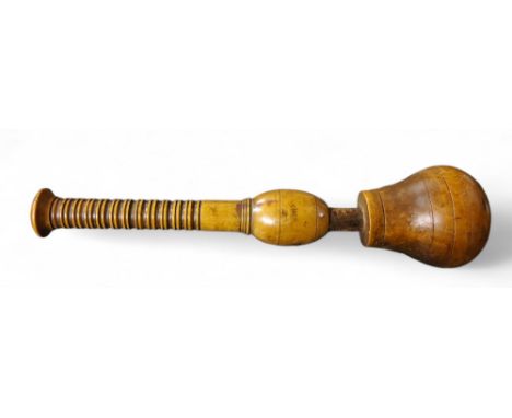 An early 19th century Pressgang persuader/truncheon, ring turned wooden shaft, turned wooden head, attached by a leather boun