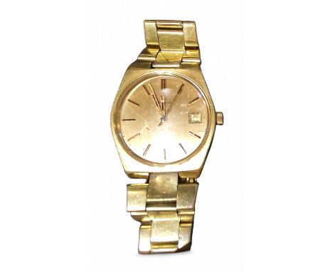 A gentleman's Omega Geneve gilt metal manual wristwatch, baton markers, centre seconds, date display, c.1970