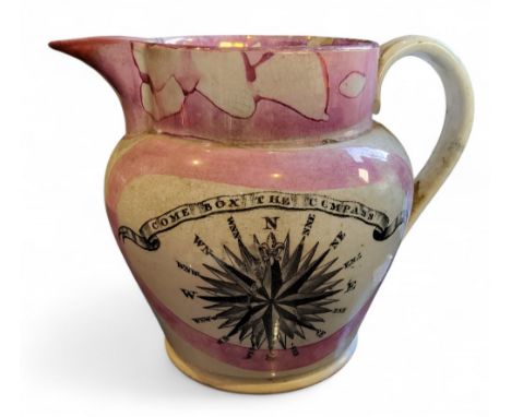 A Sunderland lustre ovoid jug,&nbsp; transfer printed with Come Box the Compass,&nbsp; the verso with&nbsp; verse, on a pink 