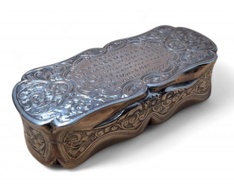 An Edwardian silver rectangular shaped snuff box,&nbsp;engraved presentation inscription  'Presented to&nbsp;Charles Mawer ES