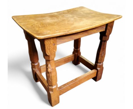Mouseman of Kilburn - an adzed oak stool, carved with signature mouse, refectory stretcher, 37cm x 41cm x 27.5cm