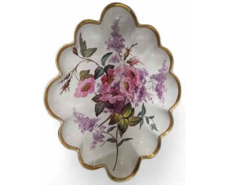 A Derby lobed oval botanical plate, painted by 'Quaker' Pegg, Wild Rose and Scotch Lilac, gilt banded rim, 30cm wide, titled,