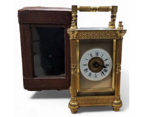 A late 19th century gilt brass five glass carriage clock, 6cm enamel chapter ring with Arabic numerals, eight-day movement st