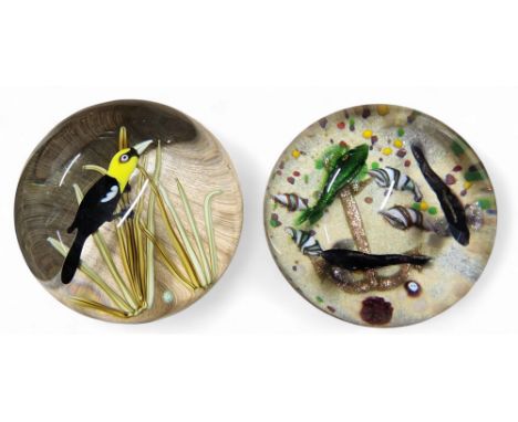 A Scottish John Deacons domed paperweight, with three fish above anchor and shells, 8cm diam, marked JD;&nbsp; &nbsp;another,
