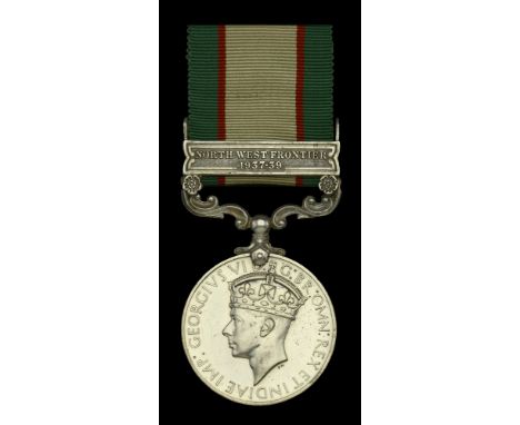 India General Service 1936-39, 1 clasp, North West Frontier 1937-39 (2044587 Pte. J. Baldry. Suff. R.) traces of lacquer, nea