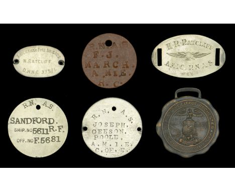Six Assorted Great War Identity tags, both official and unofficial, inscribed ‘R.N.A.S. F. J. March. A.M1.E. R.C.’; ‘Faversha