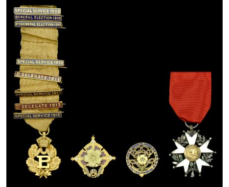 Primrose League Badges. Comprising a Honorary Knight’s Badge, gilt, with clasps for Special Service 1909, General Election 19
