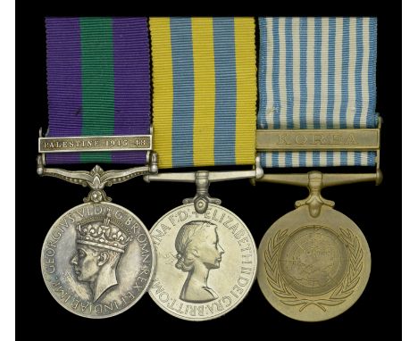 Three: Corporal R. F. Mates, Army Catering Corps  General Service 1918-62, 1 clasp, Palestine 1945-48 (14472950 Pte. R. F. Ma