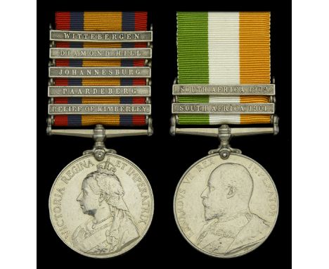 Pair: Private J. Halloran, Royal Irish Regiment  Queen’s South Africa 1899-1902, 5 clasps, Relief of Kimberley, Paardeberg, J